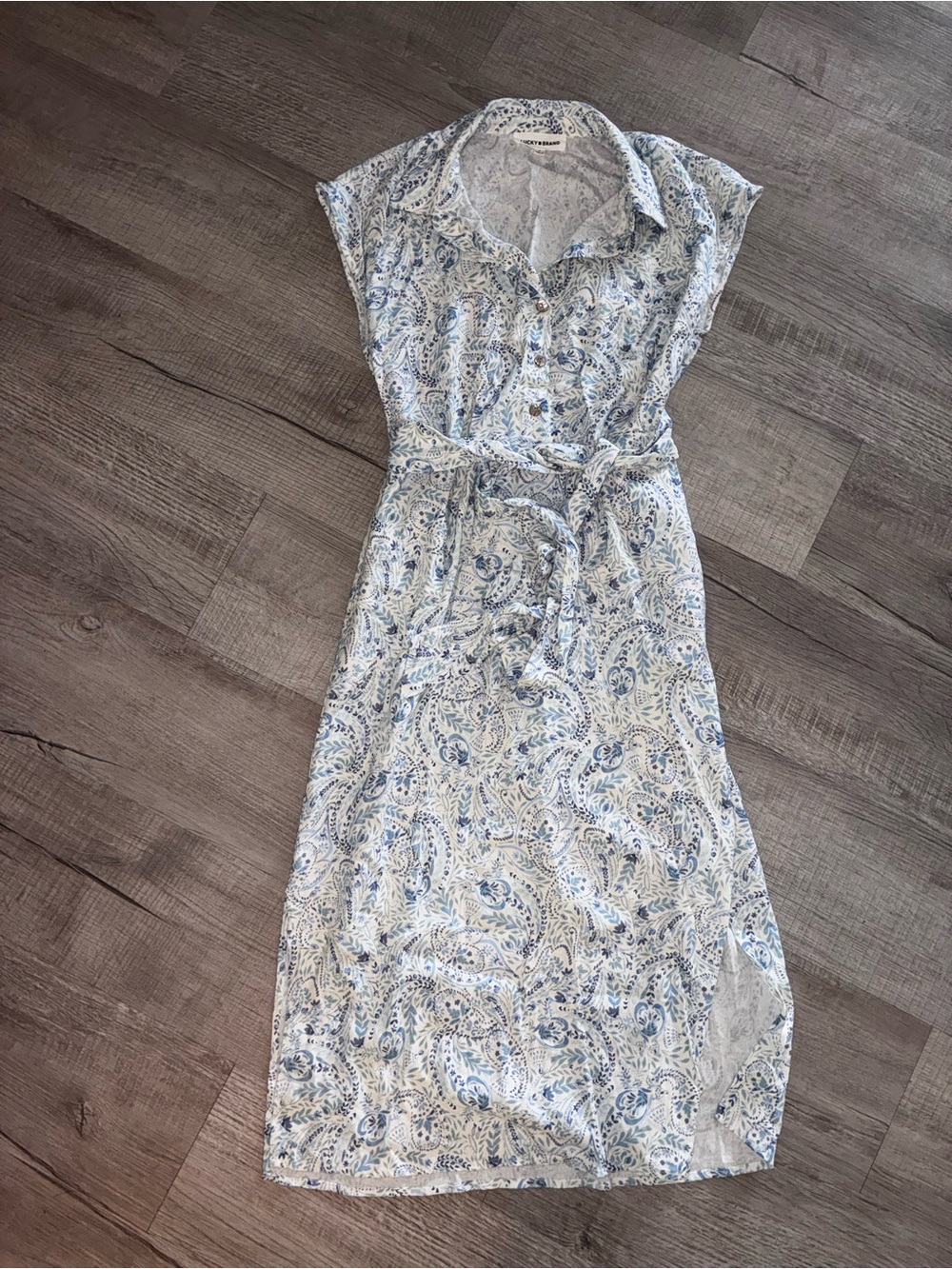 Lucky brand Light Blue Paisley Shirt Dress with Tie Waist slit on side small
